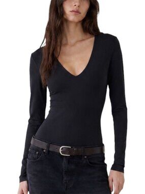 S Leith Black Long Sleeve V-Neck Bodysuit